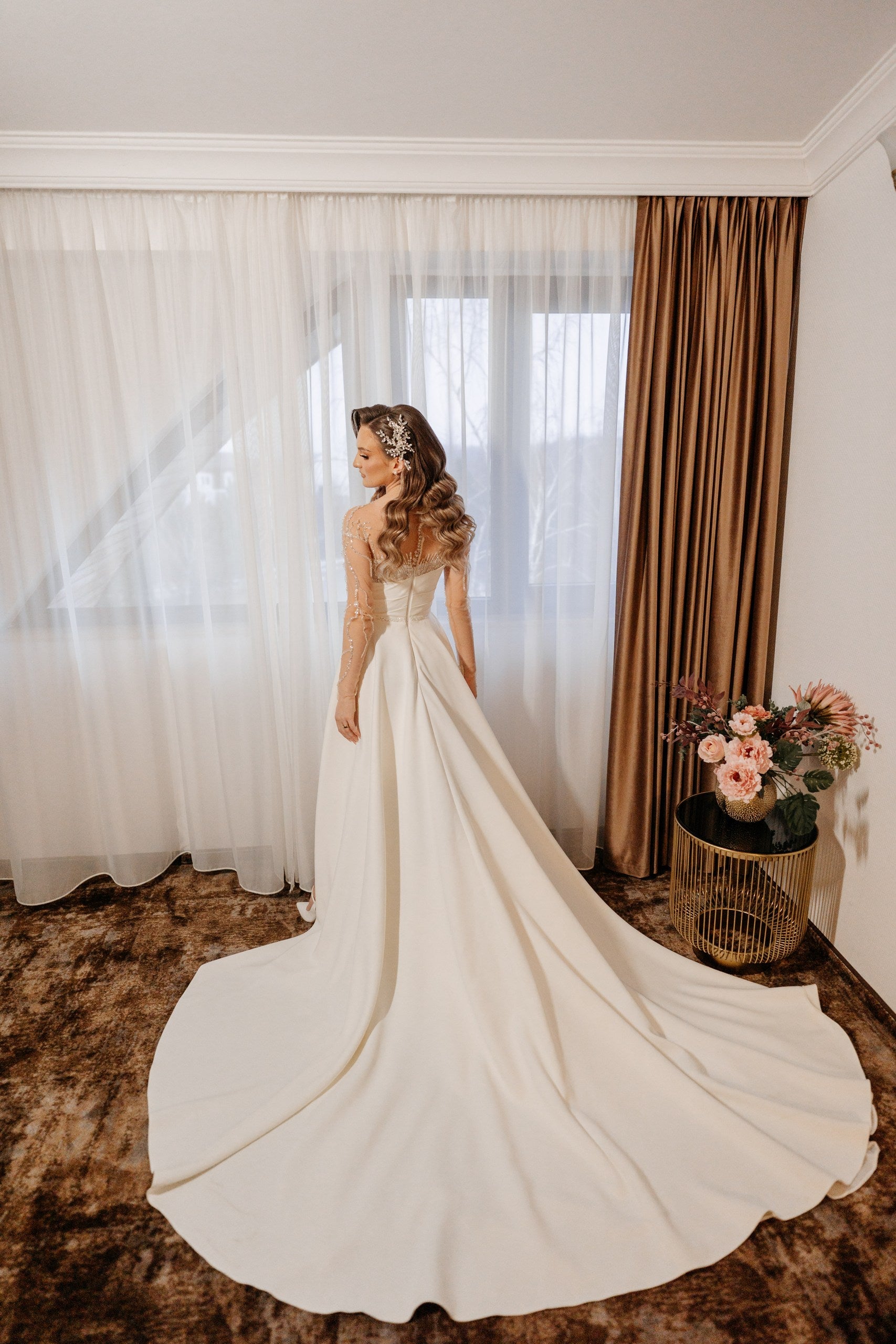 Ivory Satin Bridal Dress with Beaded Corset