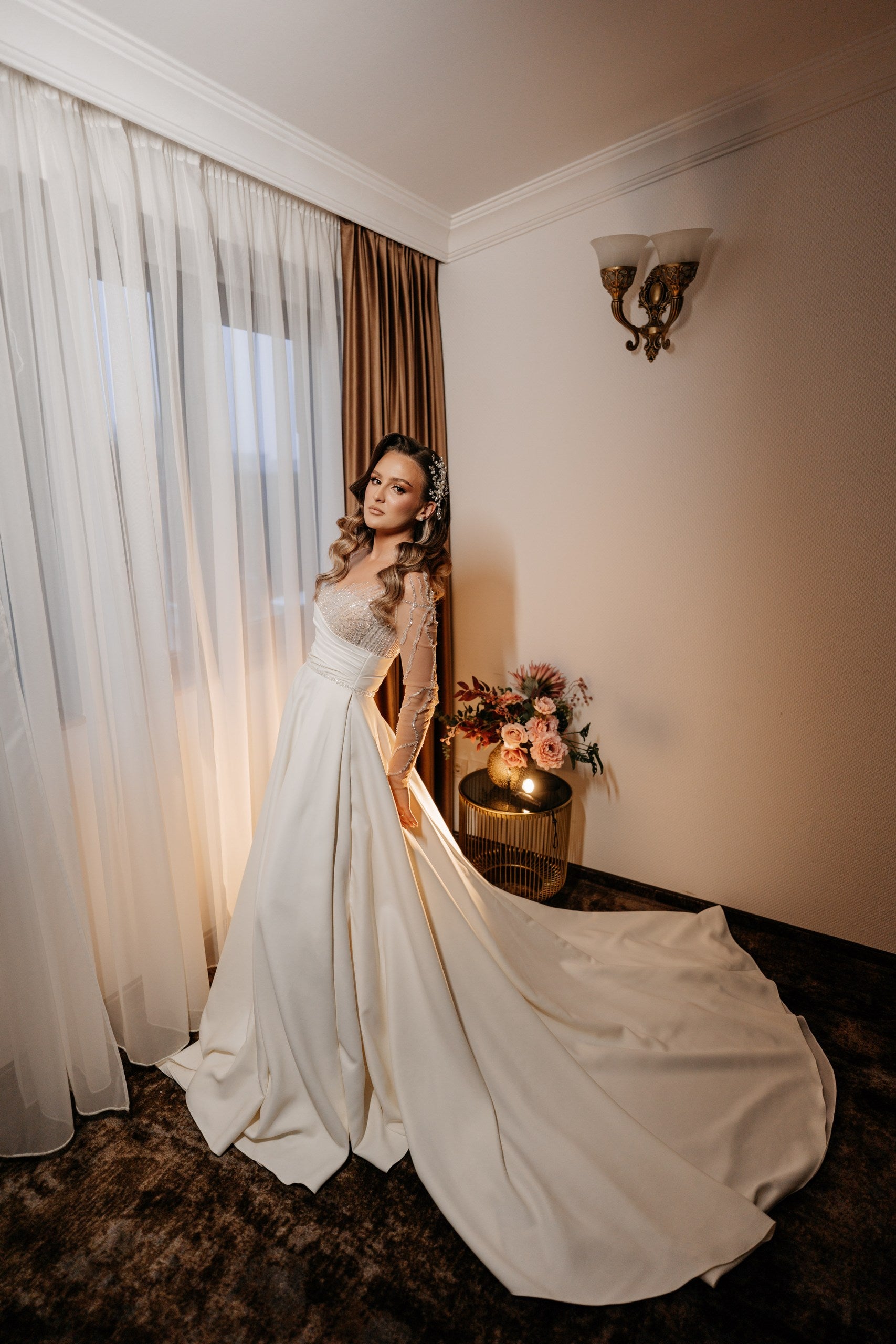 Ivory Satin Bridal Dress with Beaded Corset