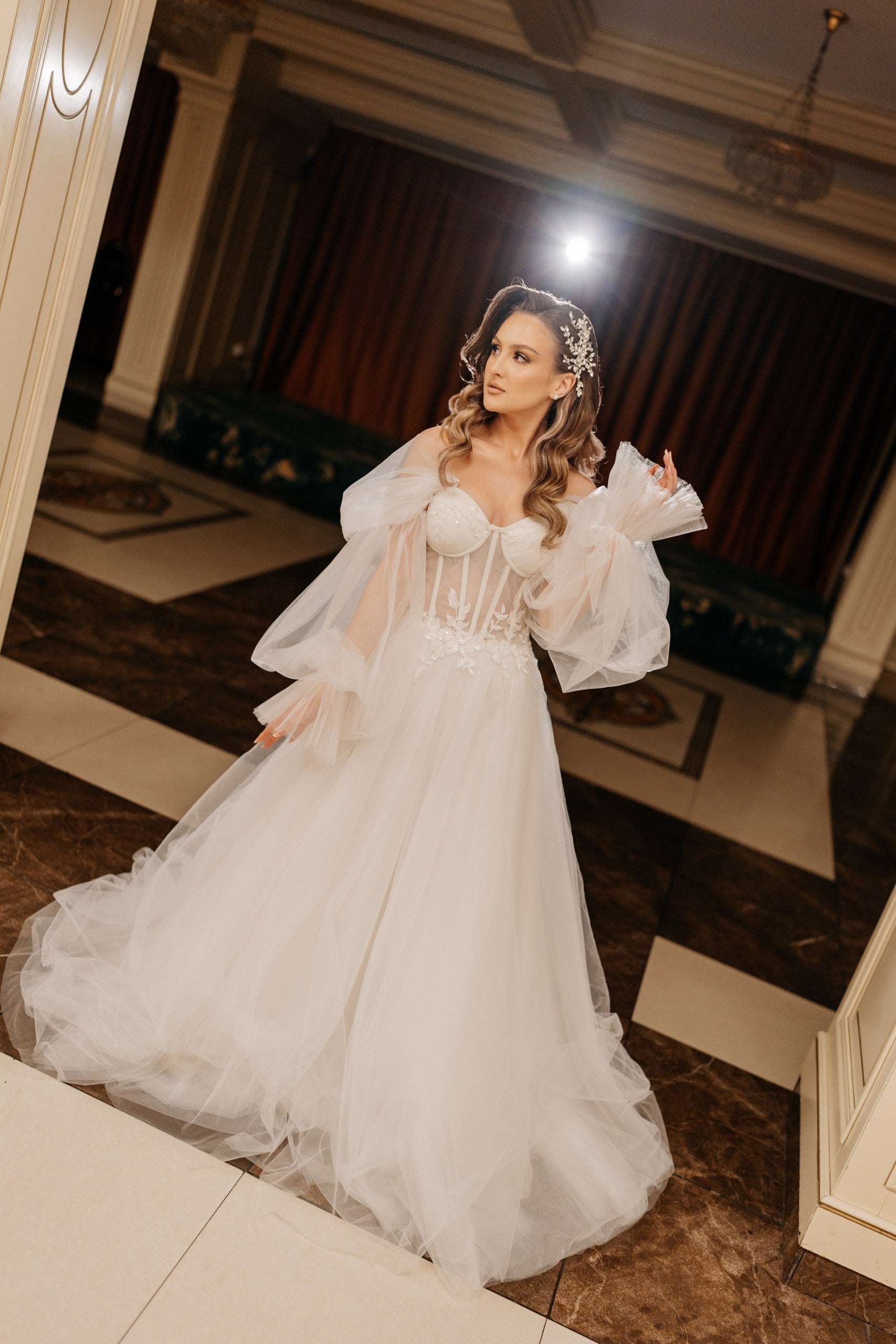 Romantic Bridal Gown with Draped Tulle Details