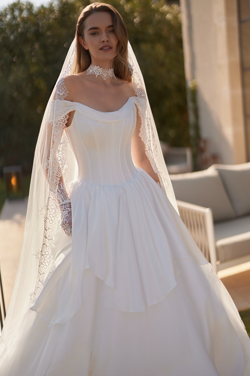 Divina Off-Shoulder Satin Ball Gown Wedding Dress with Corset