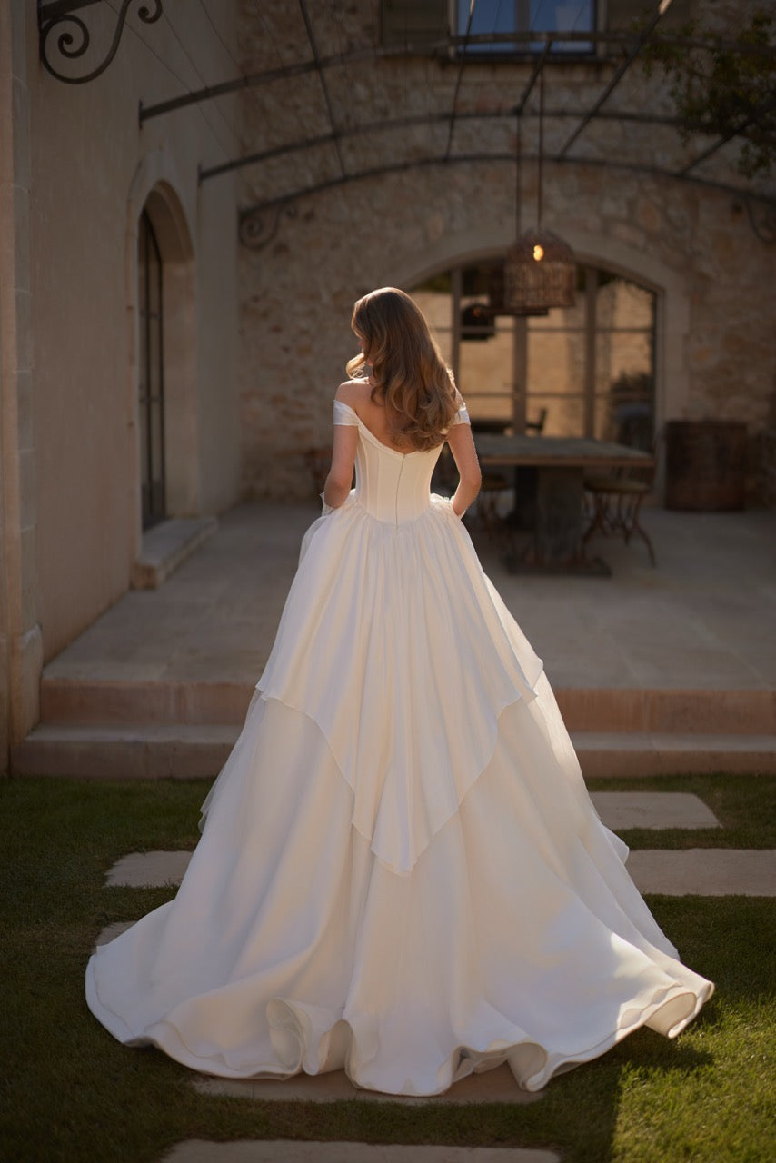Divina Off-Shoulder Satin Ball Gown Wedding Dress with Corset