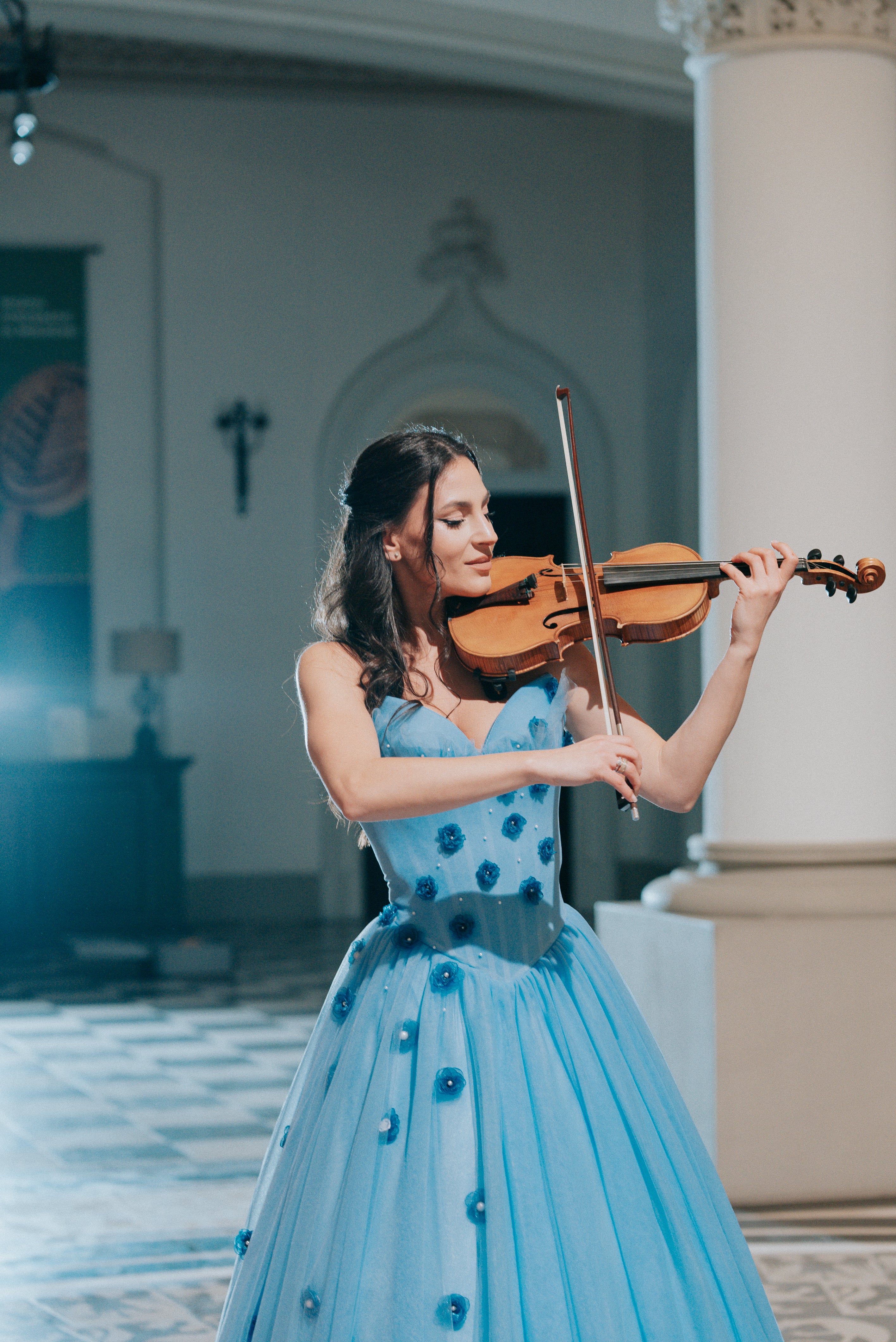 Elegant Baby Blue Evening Gown with Organza Flowers
