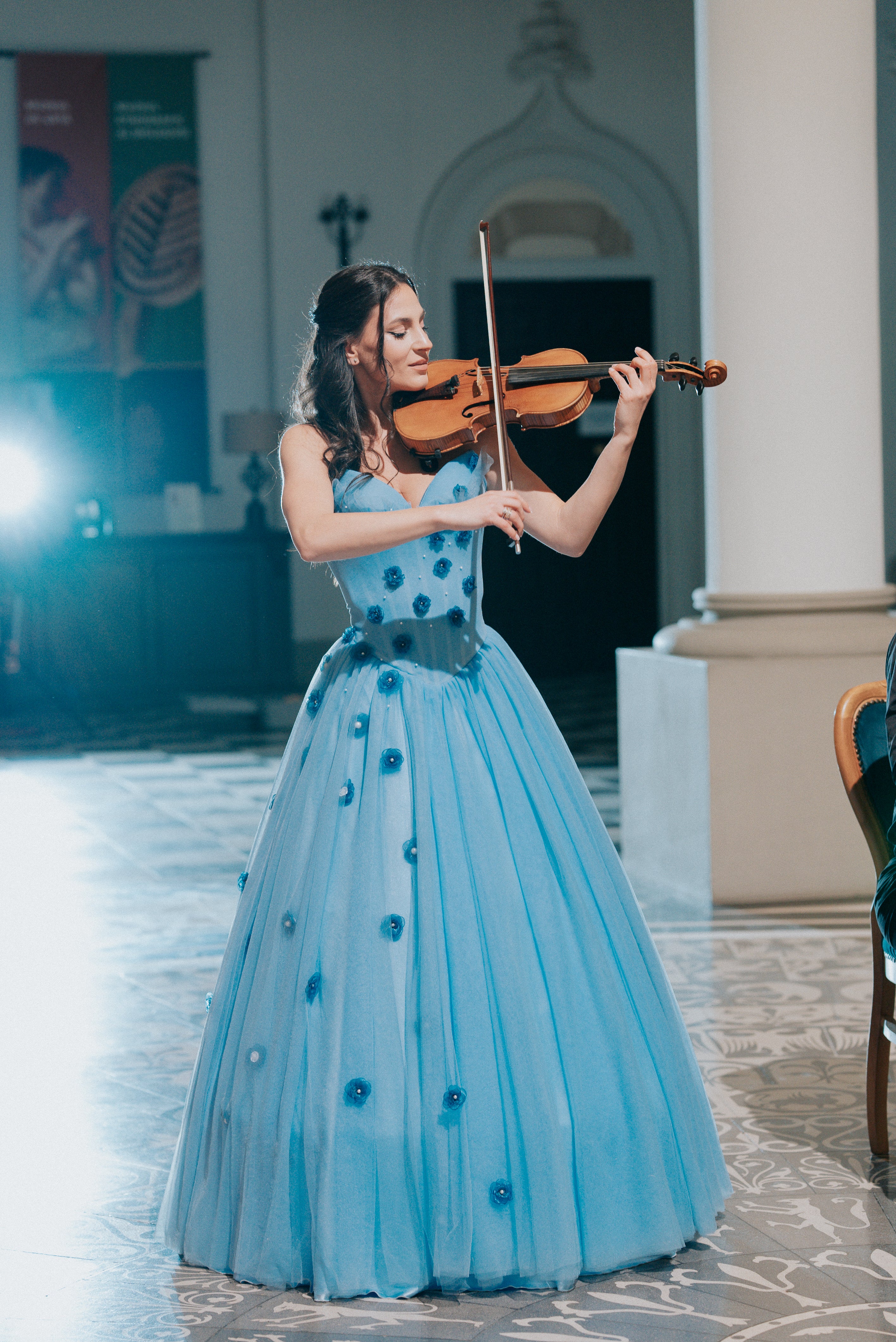Elegant Baby Blue Evening Gown with Organza Flowers