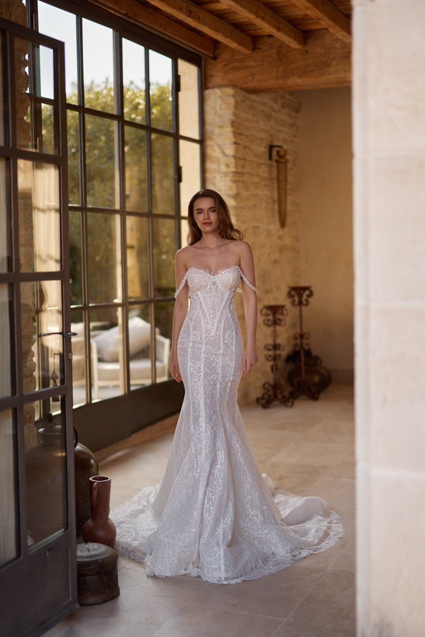 Eden Sparkling Lace Ball Gown Wedding Dress with Corset and Long Sleeves