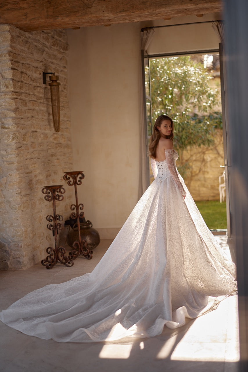 Eden Sparkling Lace Ball Gown Wedding Dress with Corset and Long Sleeves