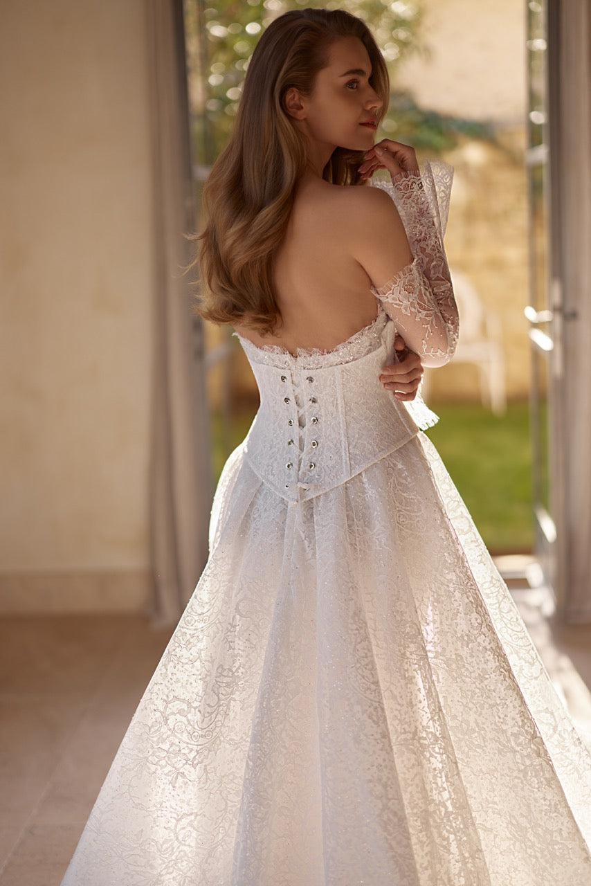 Eden Sparkling Lace Ball Gown Wedding Dress with Corset and Long Sleeves