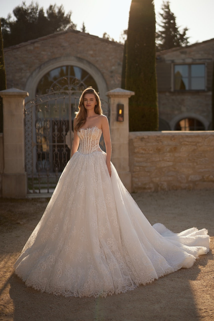Era Strapless Lace Ball Gown Wedding Dress with Corset Bodice