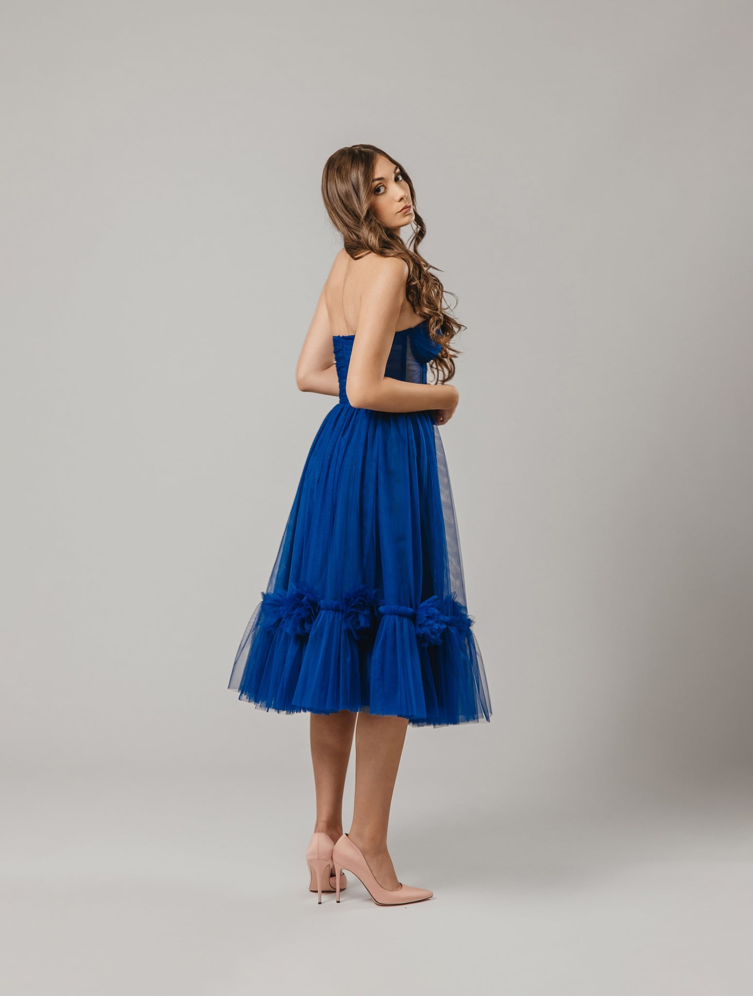 Electric Blue Midi Dress with 3D Flowers