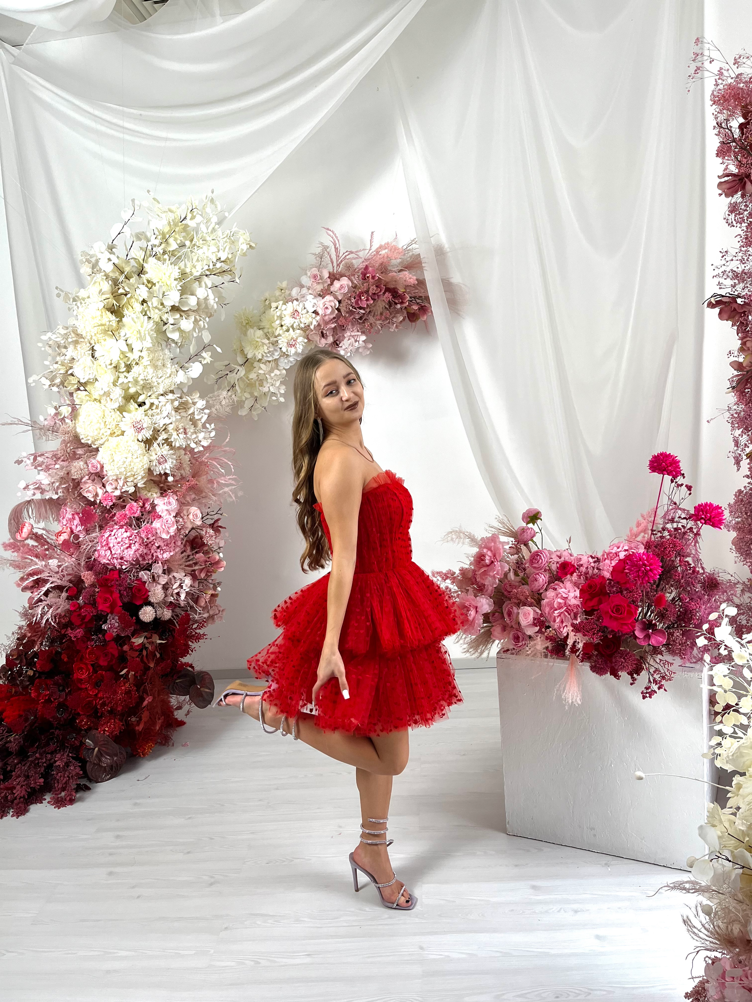 Evening Dress in Tulle with Heart Patterns