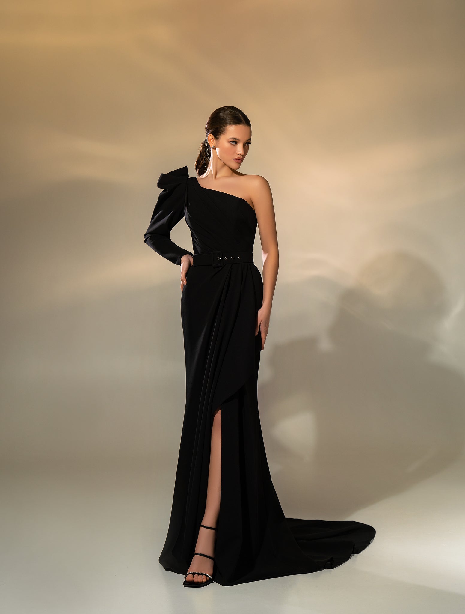 Evening Dress with Slit Stretch Crepe