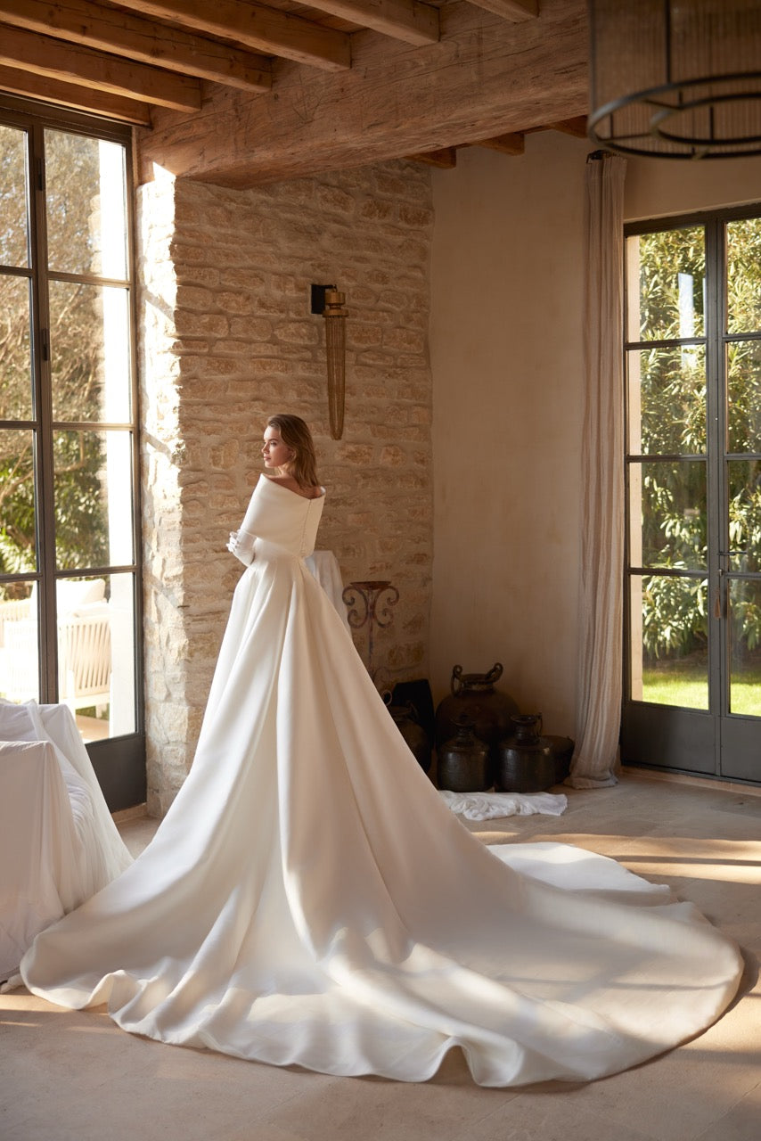 Helene Minimalist Satin A-Line Wedding Dress with Cape Neckline and Long Sleeves