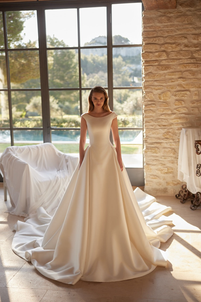 Helene Minimalist Satin A-Line Wedding Dress with Cape Neckline and Long Sleeves