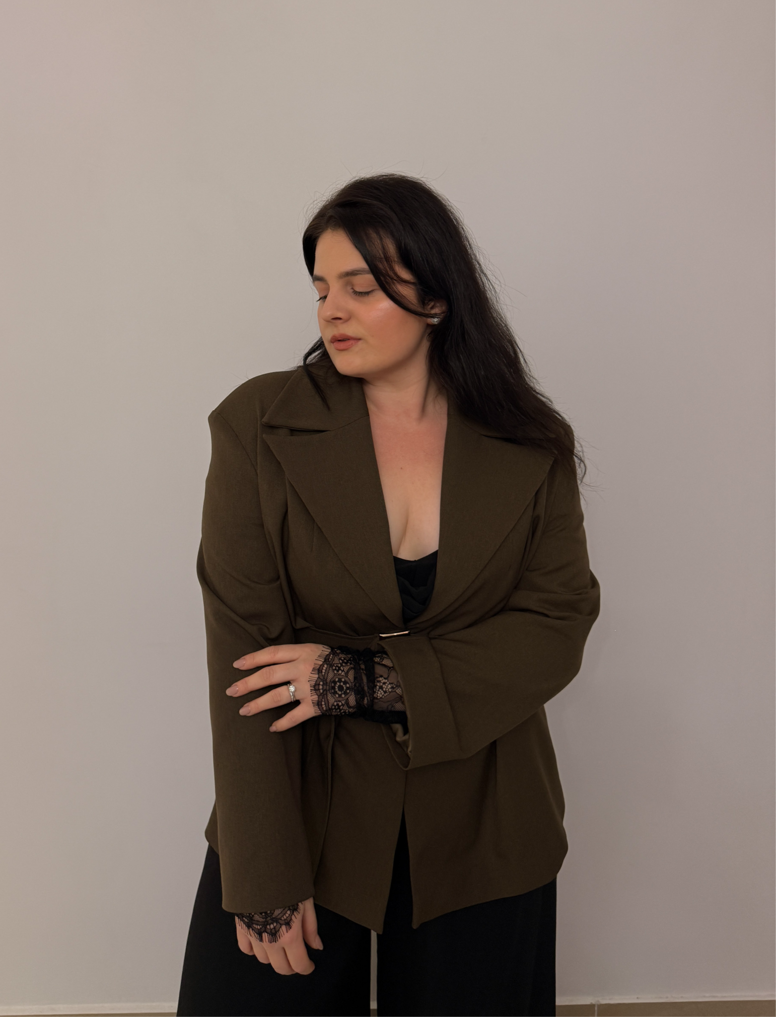 Kaki Blazer with Oversized Metallic Belt