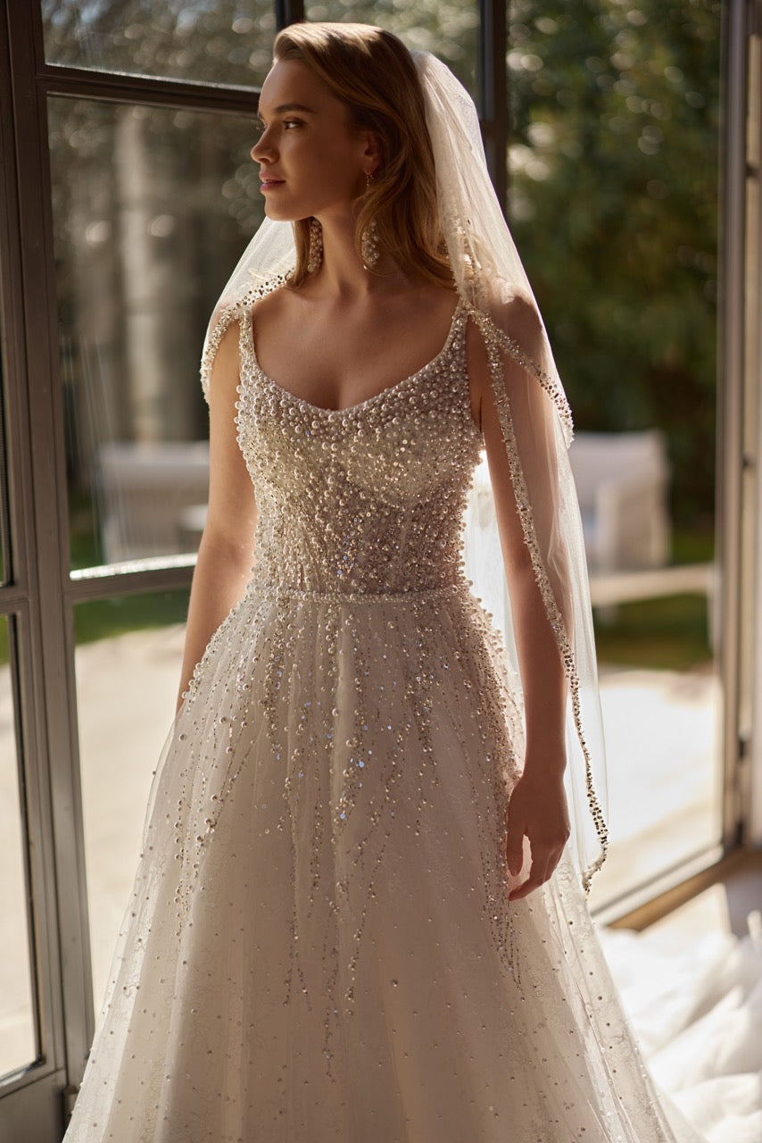 Sparkling Beaded A-Line Wedding Dress with Straps and Train