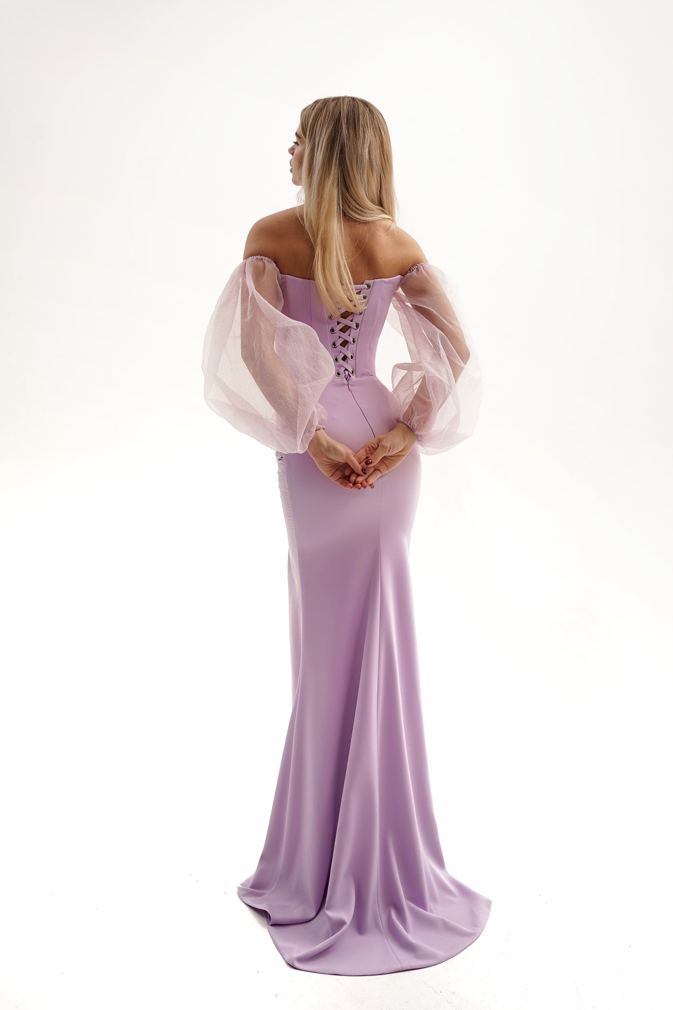 LILAC EVENING DRESS WITH PUFF SLEEVES