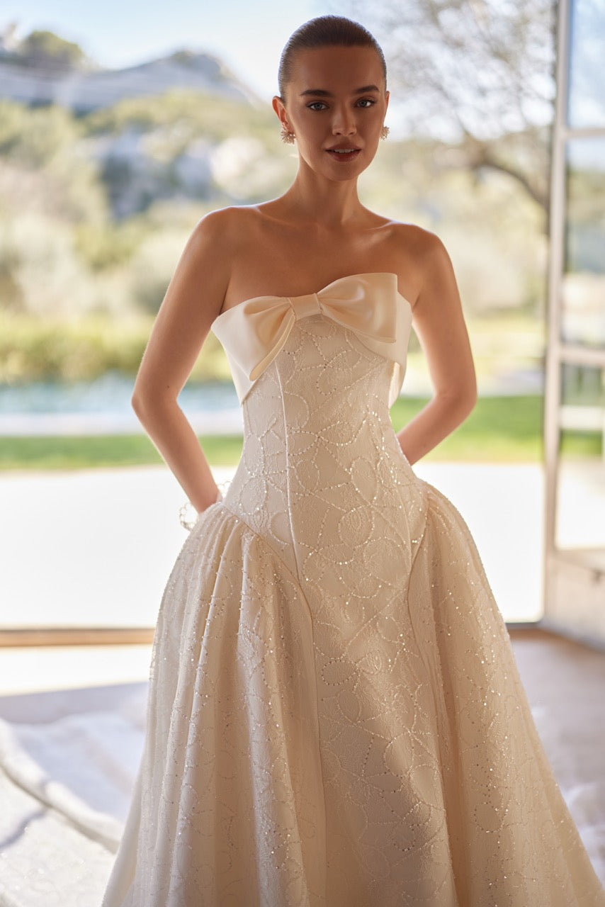 Strapless Beaded Ball Gown Wedding Dress with Bow Neckline