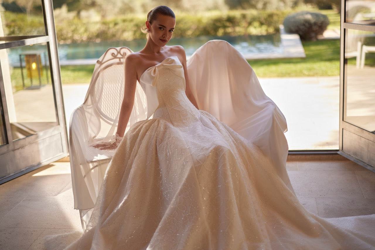 Strapless Beaded Ball Gown Wedding Dress with Bow Neckline