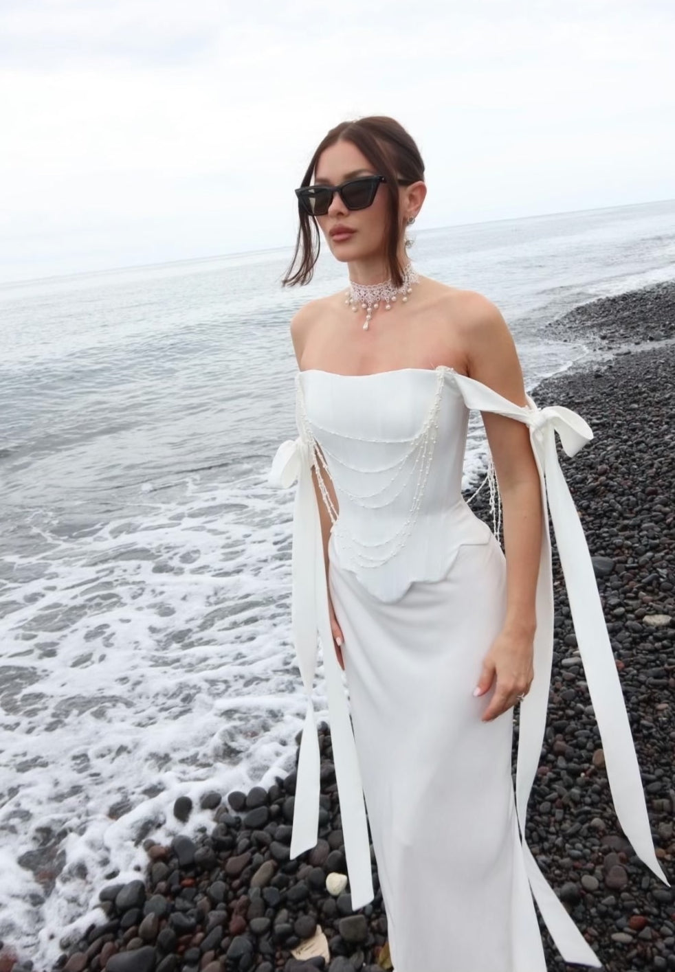 Mermaid Wedding Dress with Pearl Corset and Satin Skirt