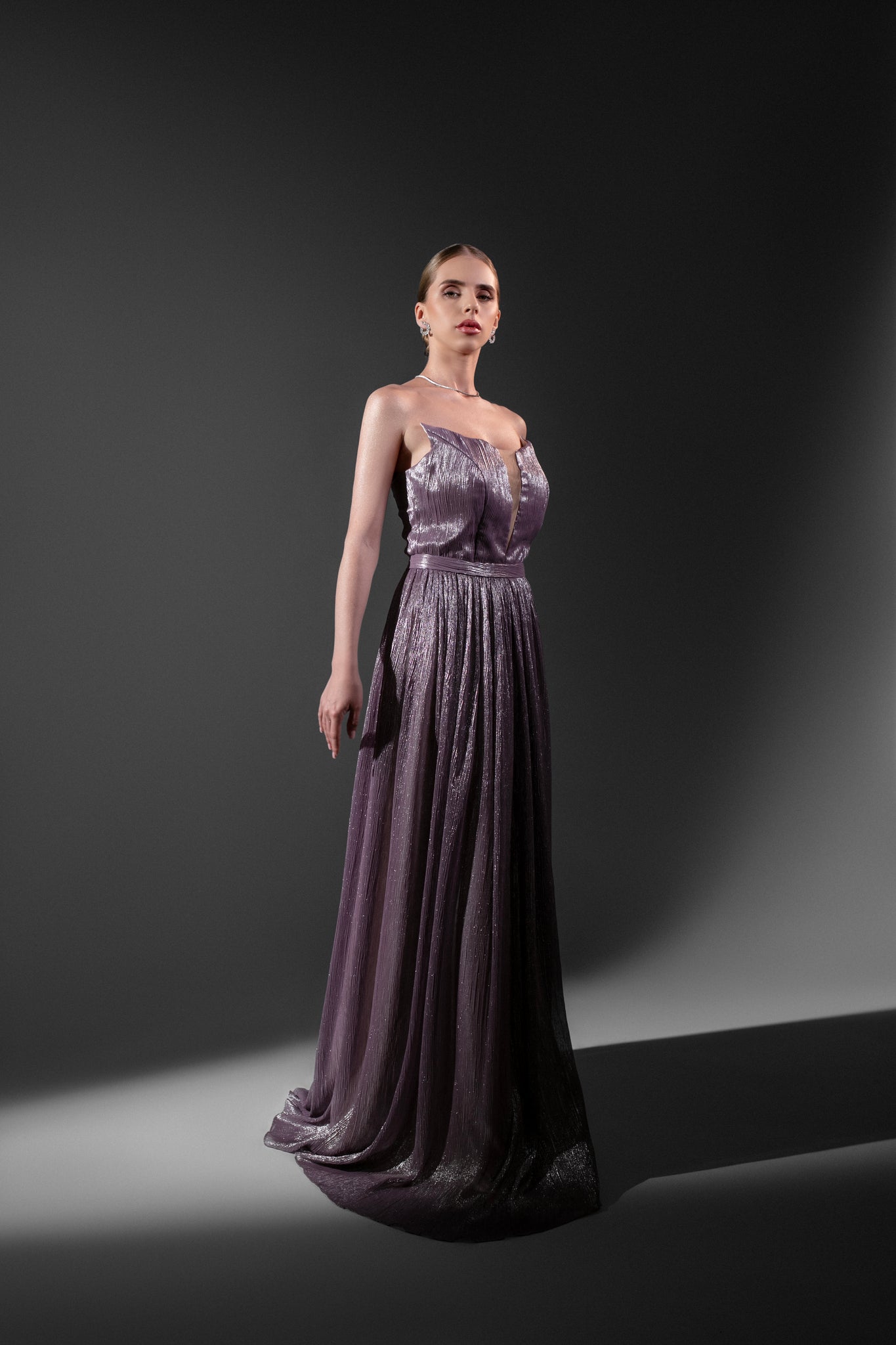 Midi Evening Dress in Silk with Lilac Shades