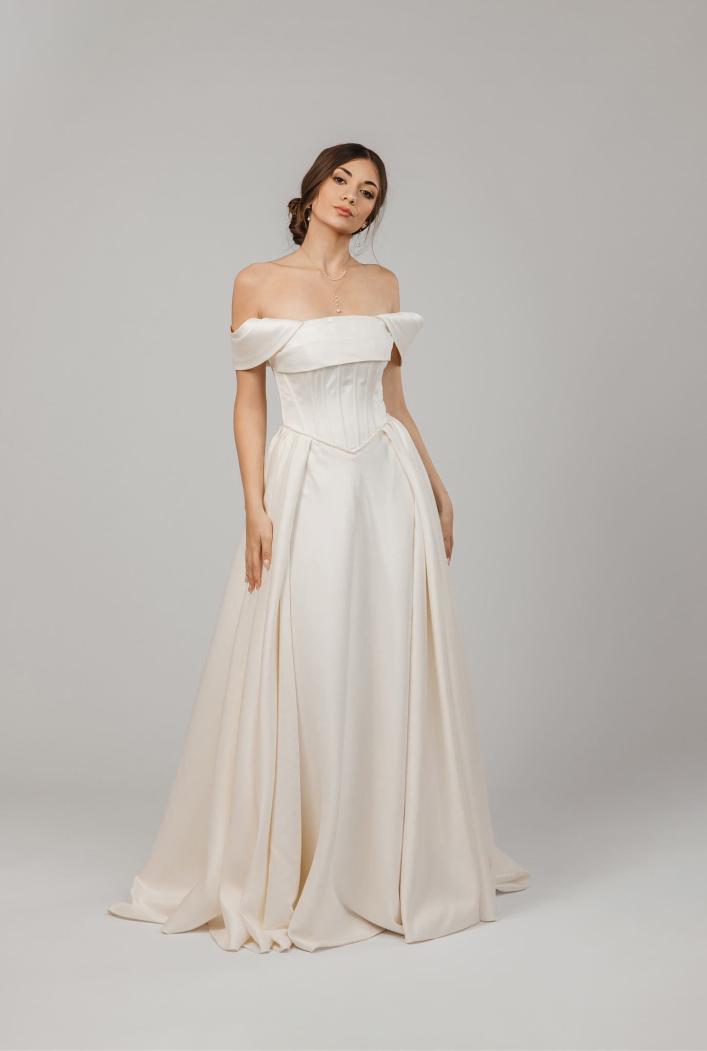 Off-Shoulder Wedding Dress with V-Corset