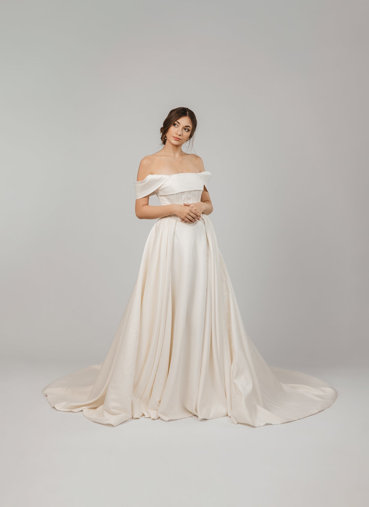 Off-Shoulder Wedding Dress with V-Corset