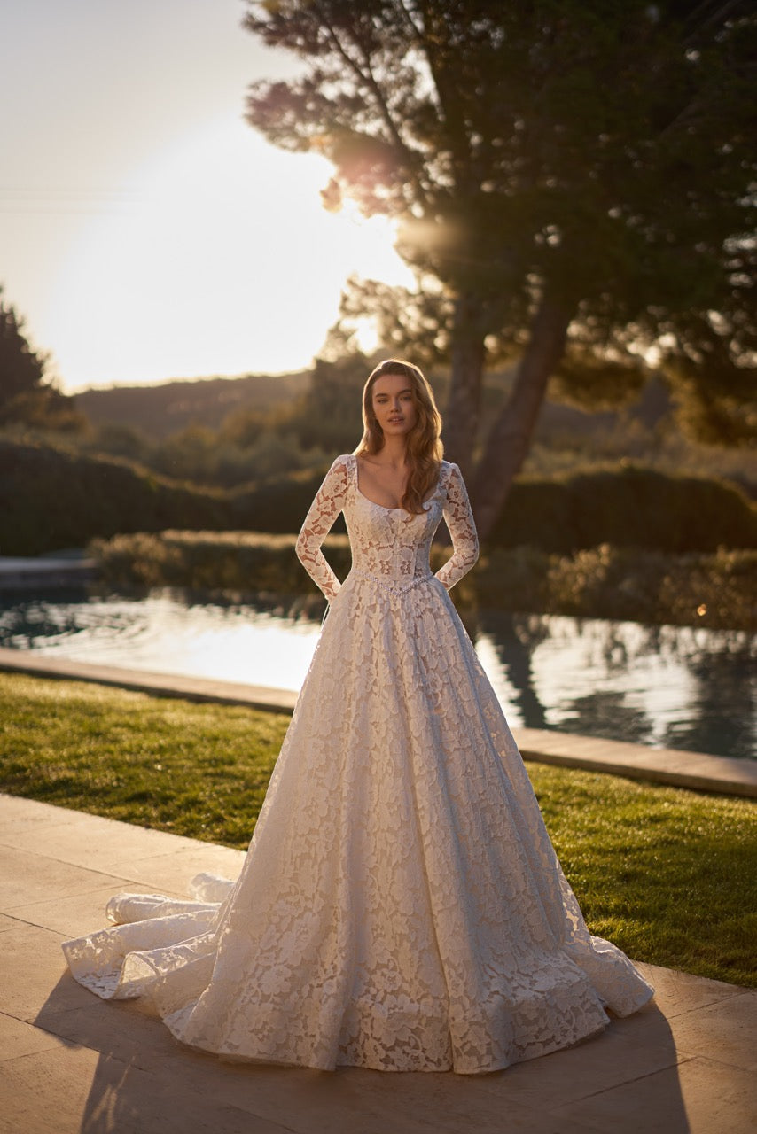 Primrose Floral Lace A-Line Wedding Dress with Long Sleeves and Square Neckline