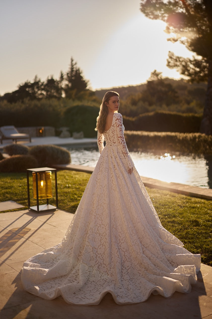 Primrose Floral Lace A-Line Wedding Dress with Long Sleeves and Square Neckline