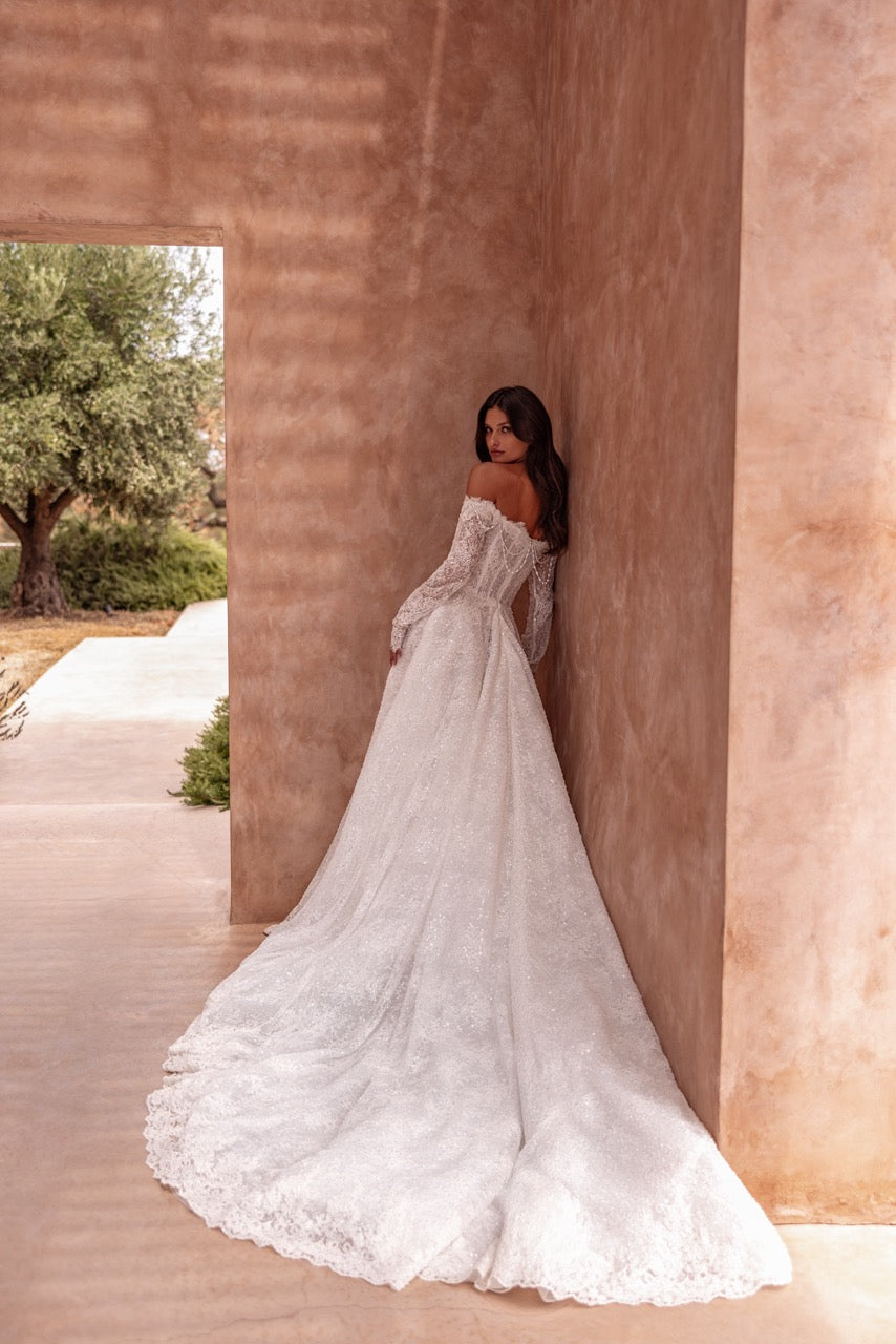 Off-Shoulder Sparkling Lace A-Line Wedding Dress with Long Sleeves