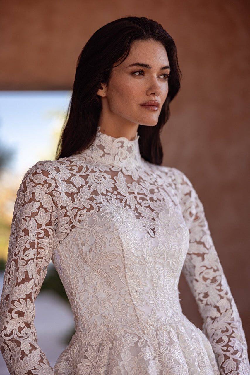 High-Neck Lace Ball Gown Wedding Dress with Long Sleeves and Cathedral Train