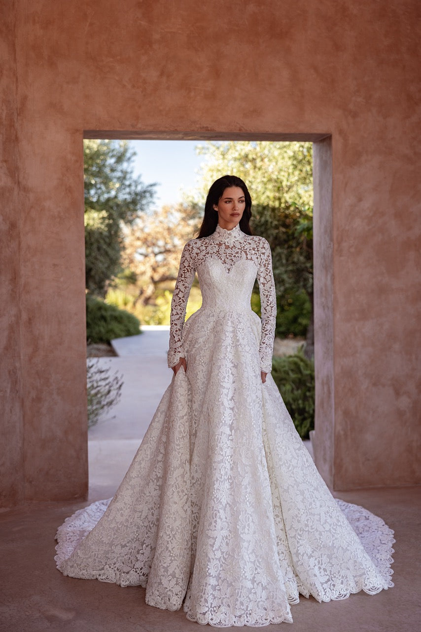 High-Neck Lace Ball Gown Wedding Dress with Long Sleeves and Cathedral Train