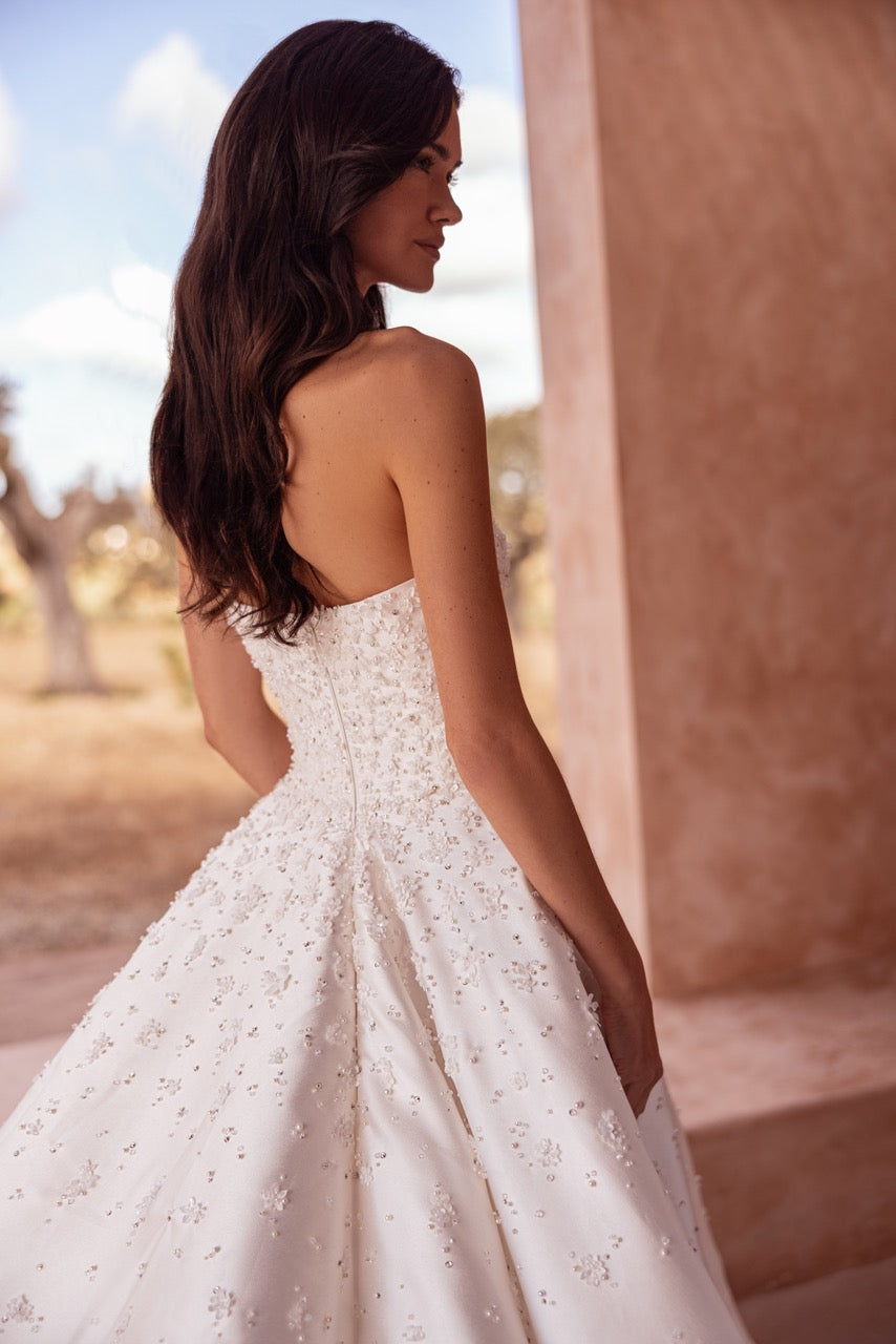 Strapless Pearl-Beaded Ball Gown Wedding Dress with Floral Embellishments