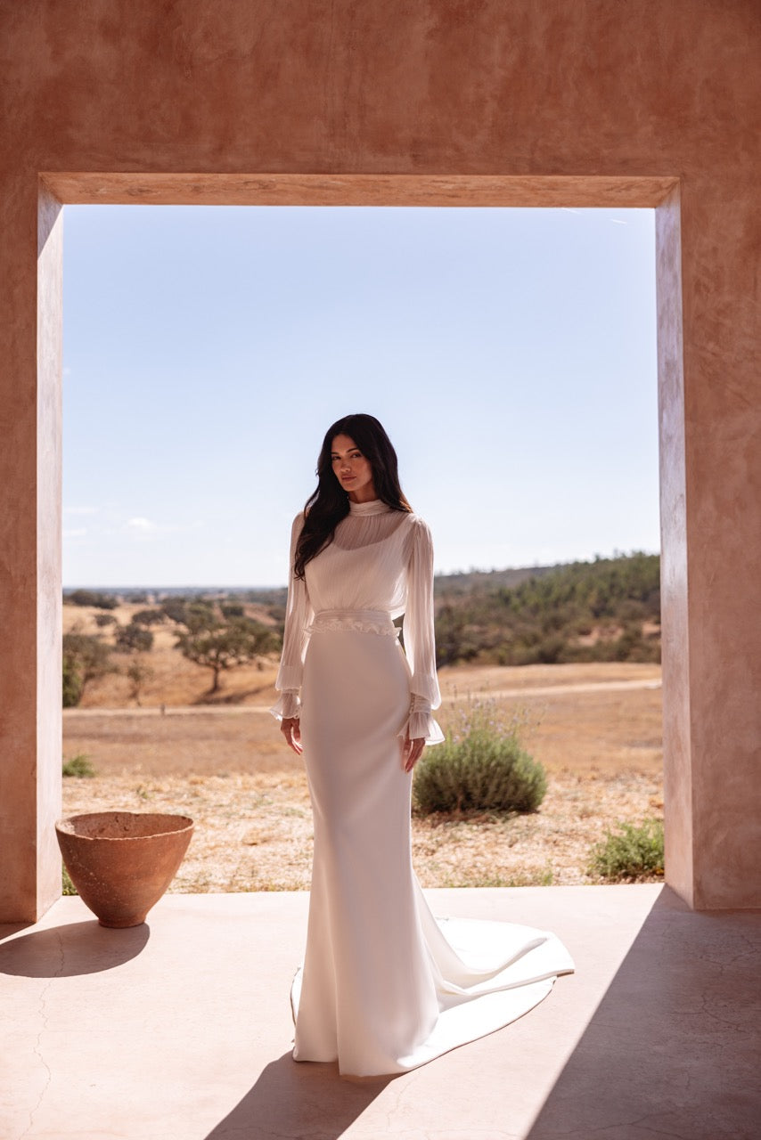 High-Neck Pleated Chiffon Bolero with Long Sleeves