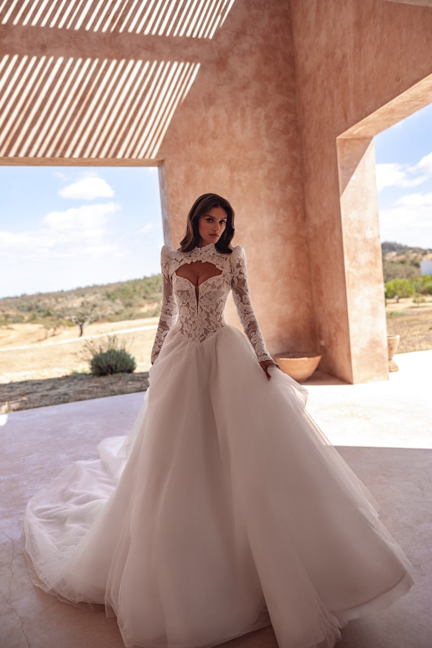 High-Neck Lace Ball Gown Wedding Dress with Bodice and Long Sleeves