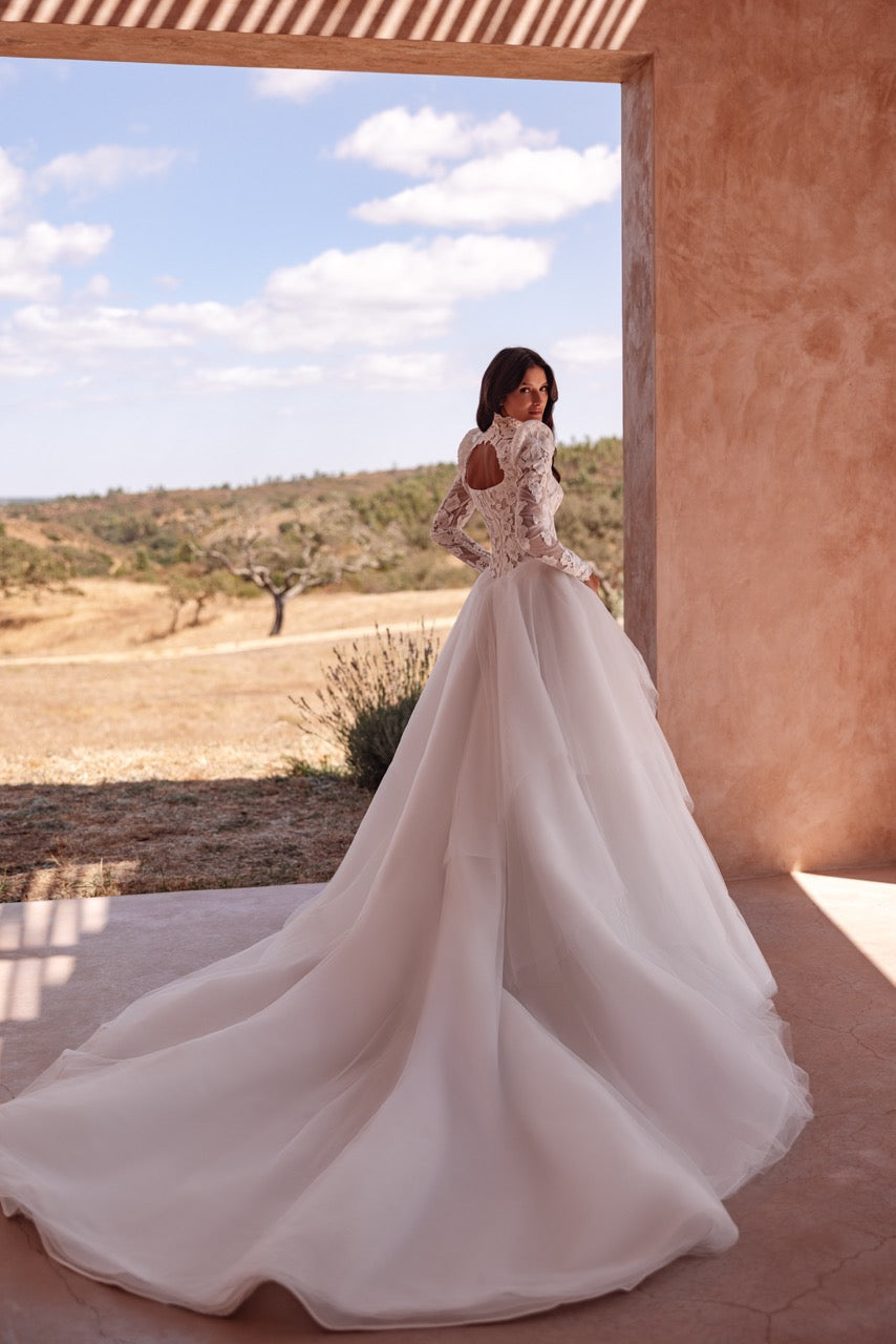 High-Neck Lace Ball Gown Wedding Dress with Bodice and Long Sleeves