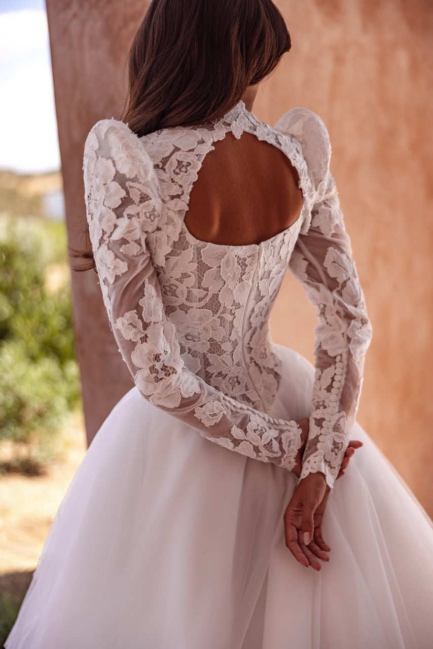 High-Neck Lace Ball Gown Wedding Dress with Bodice and Long Sleeves