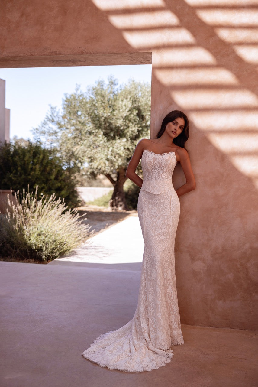 Strapless Lace Mermaid Wedding Dress with Detachable Satin Overskirt