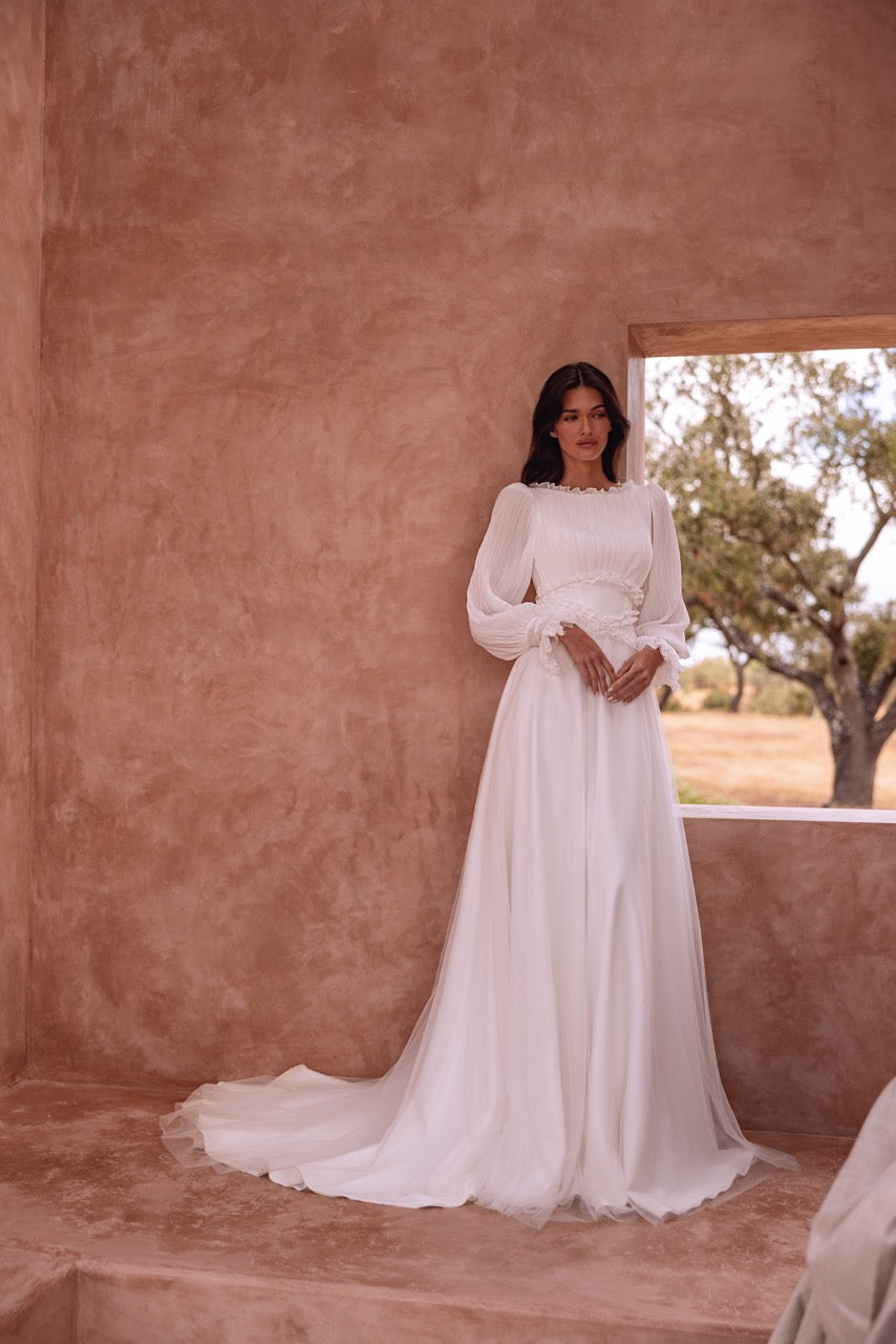 Long-Sleeve Pleated Chiffon A-Line Wedding Dress with Ruffle Details