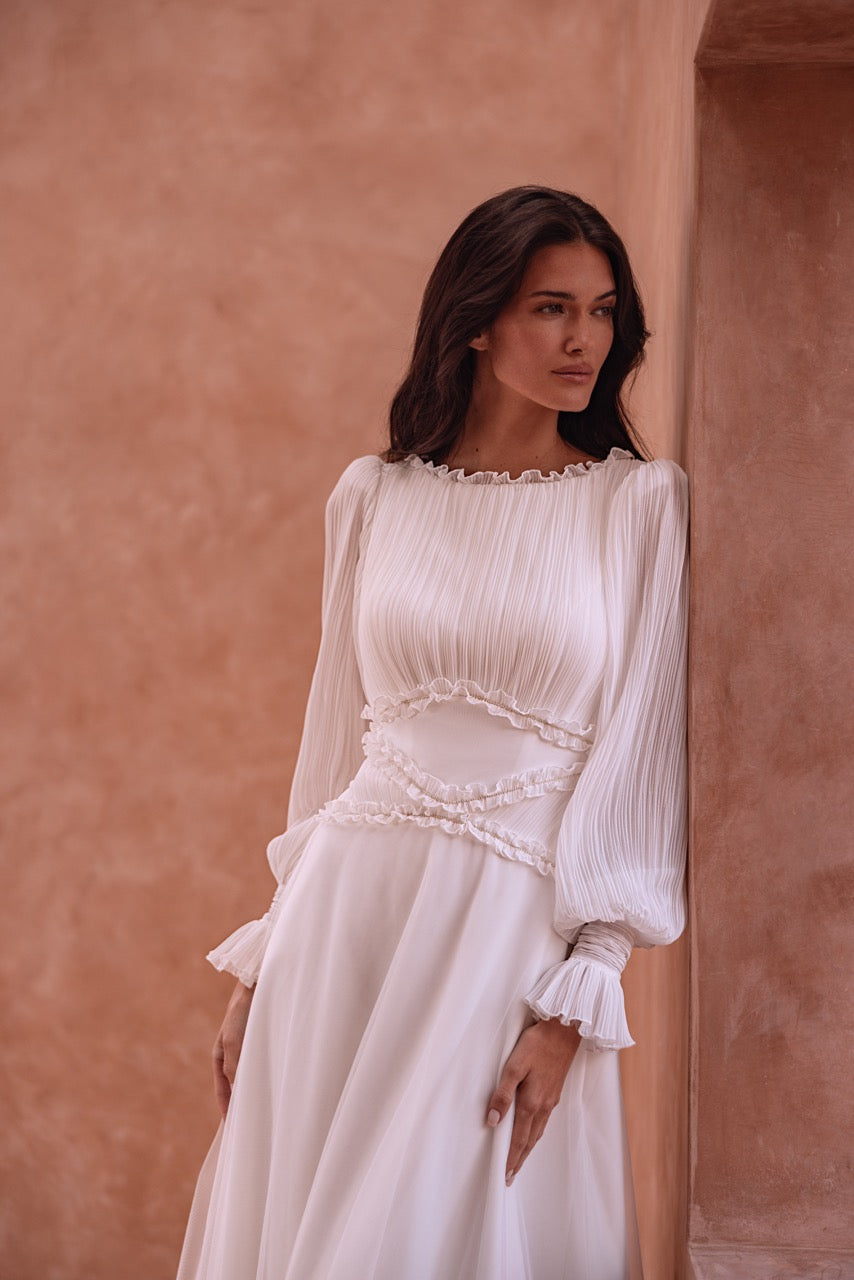 Long-Sleeve Pleated Chiffon A-Line Wedding Dress with Ruffle Details