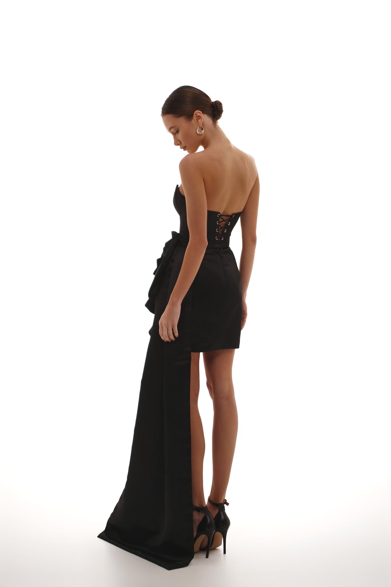 Short Black Evening Dress with Side Train and Flower Detail