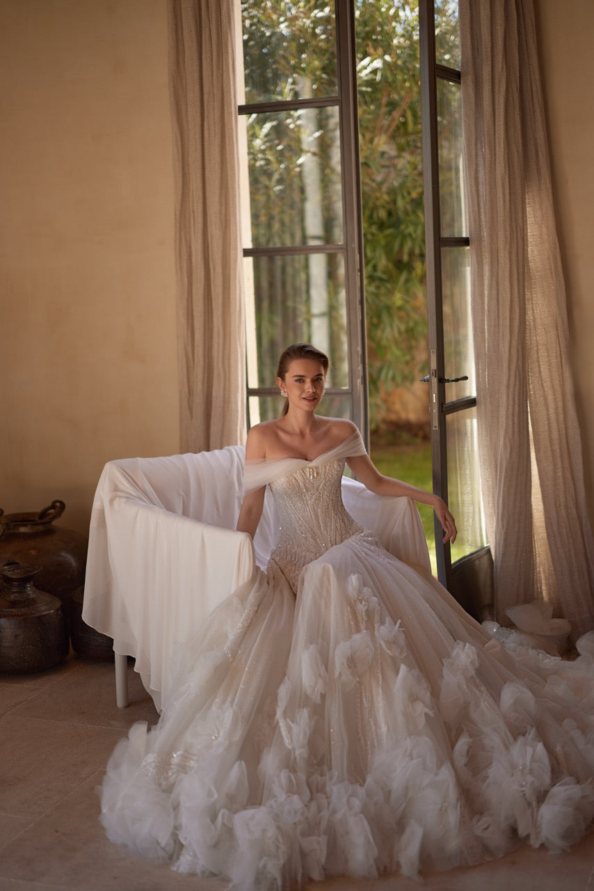 Off-Shoulder Sparkling A-Line Wedding Dress with Floral Train