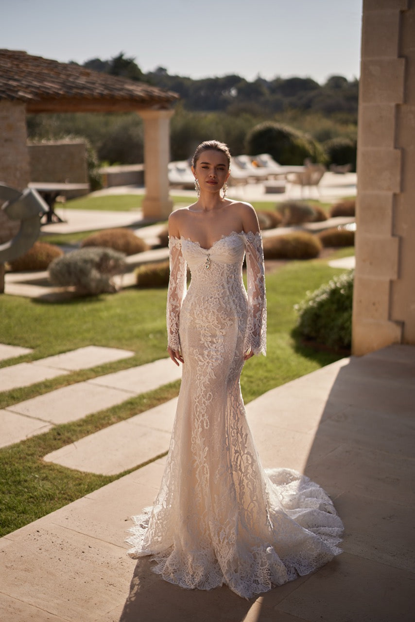 Off-Shoulder Lace Mermaid Wedding Dress with Detachable Overskirt