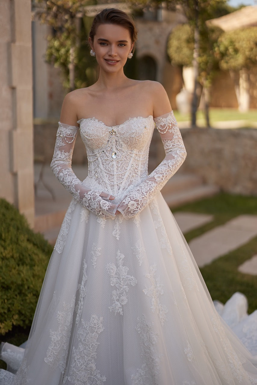 Off-Shoulder Lace A-Line Wedding Dress with Beaded Corset and Long Sleeves