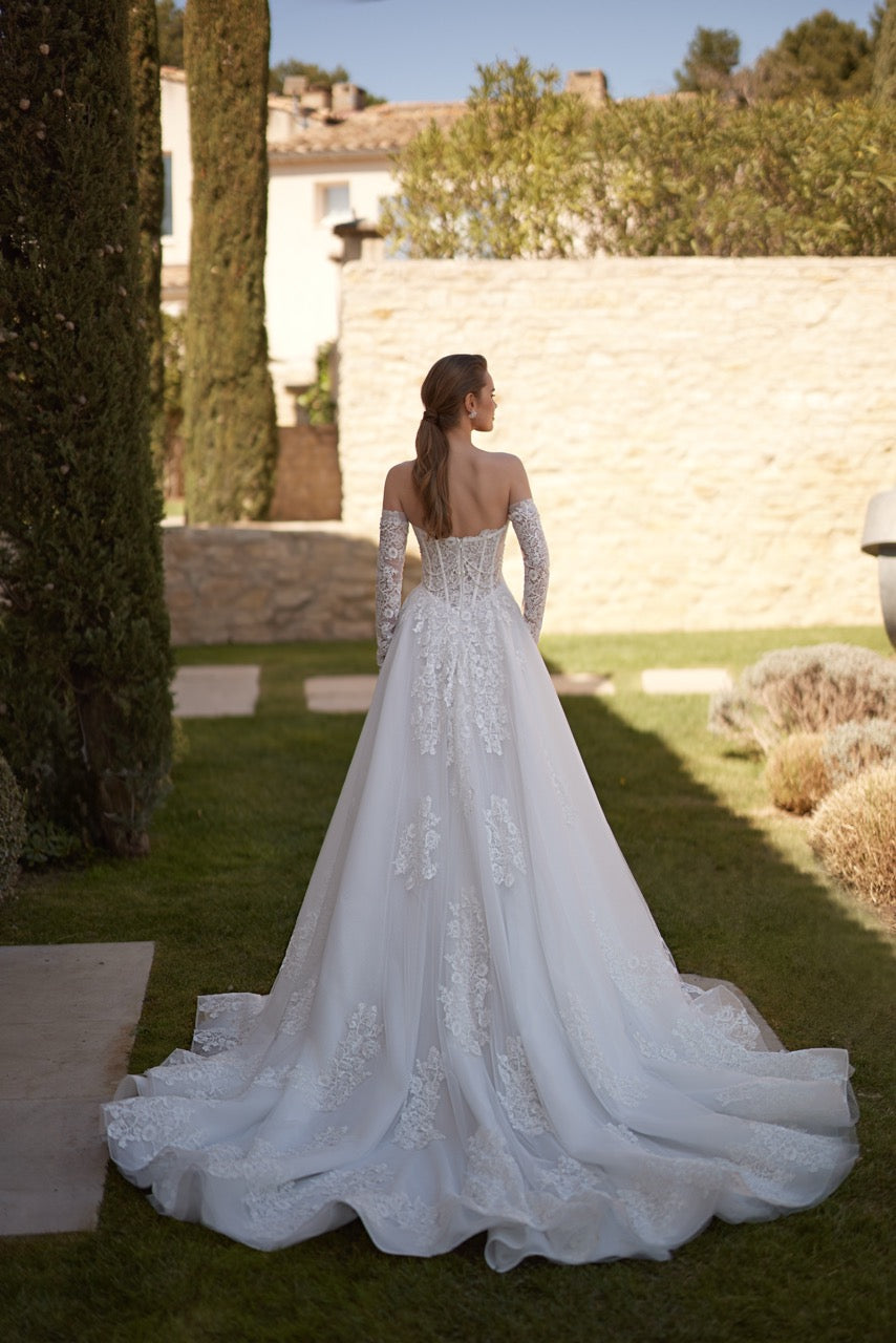 Off-Shoulder Lace A-Line Wedding Dress with Beaded Corset and Long Sleeves