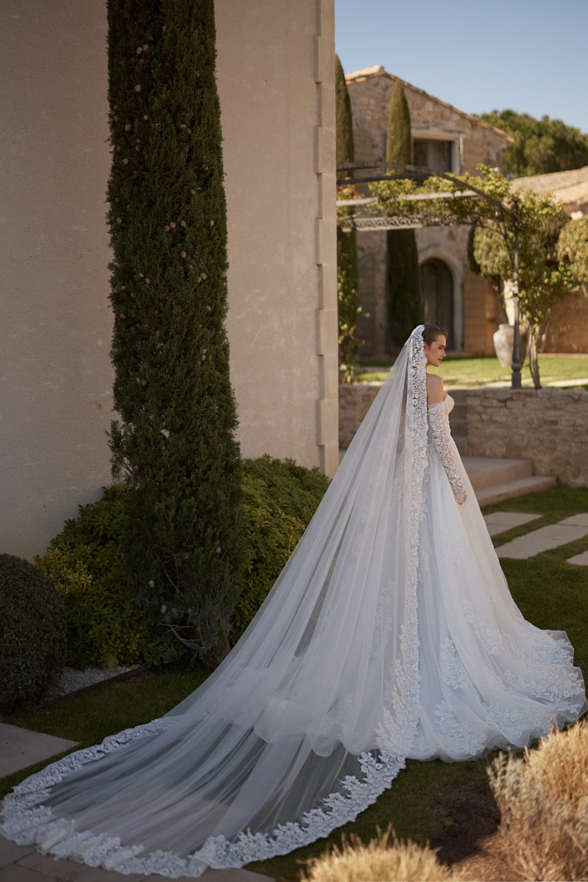 Off-Shoulder Lace A-Line Wedding Dress with Beaded Corset and Long Sleeves