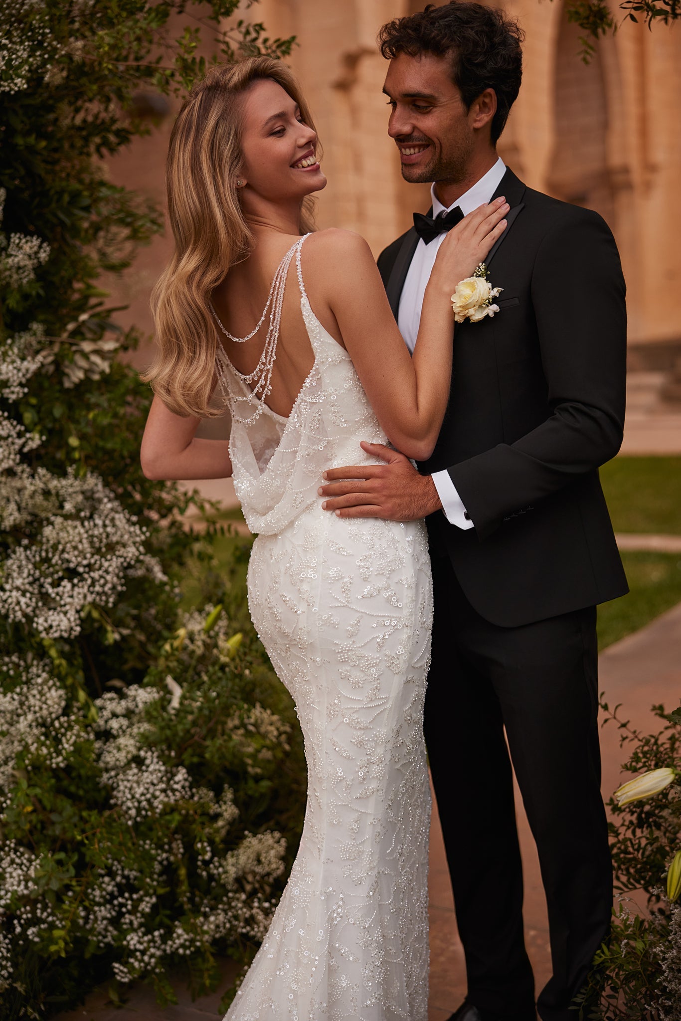 WEDDING DRESS FULLY DECORATED WITH PEARLS, BEADS, AND SEQUINS