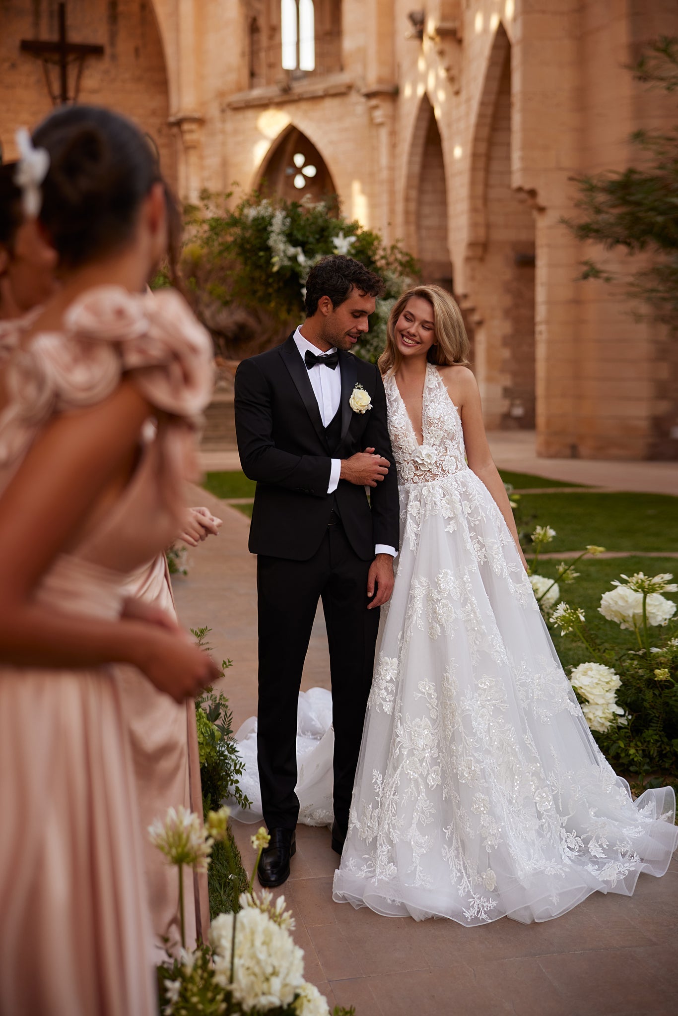 Wedding Dress with Deep Neckline and Transparent Back