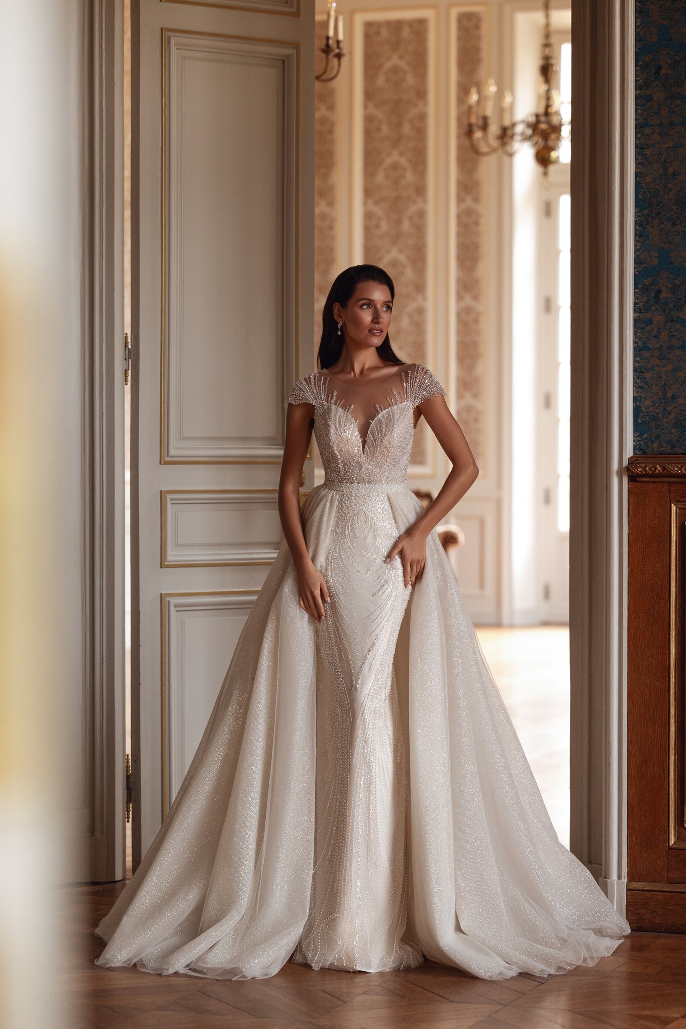 Wedding Dress with Pearls and Optional Train