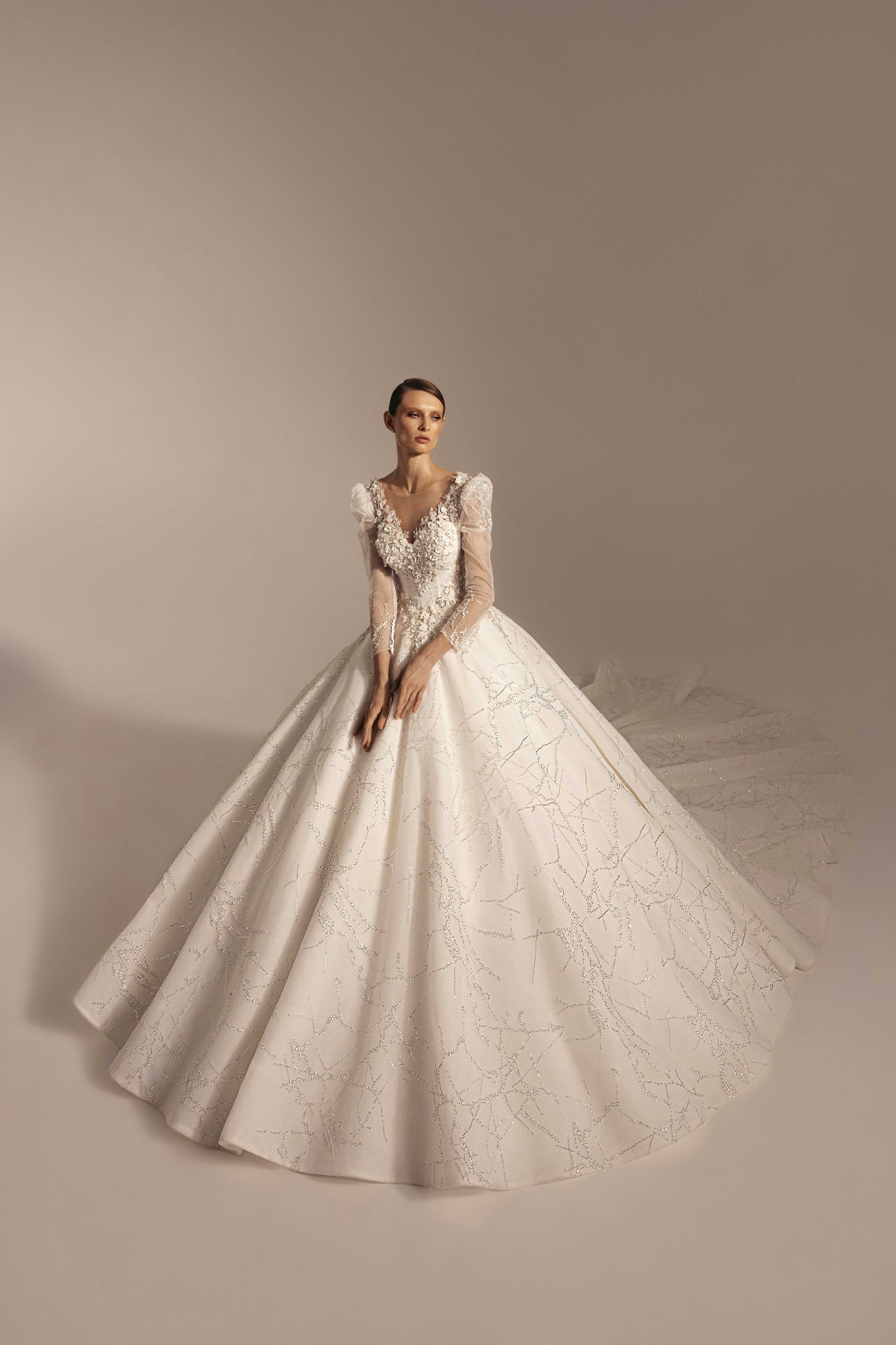 Wedding Dress with Puff Sleeves and Floral Embroidery